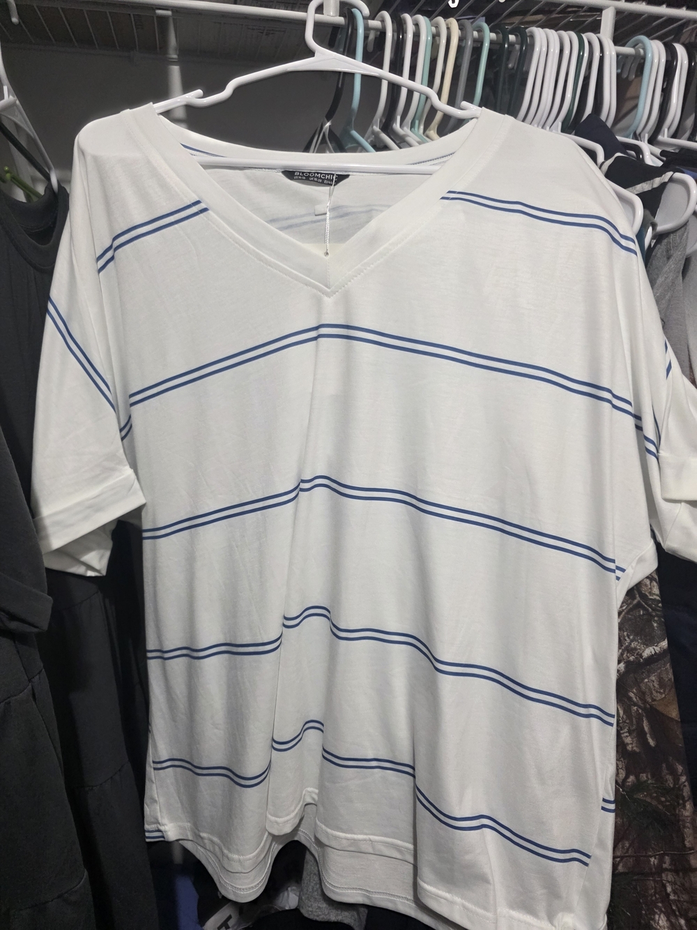 BloomChic White V-Neck Tee with Blue Stripes